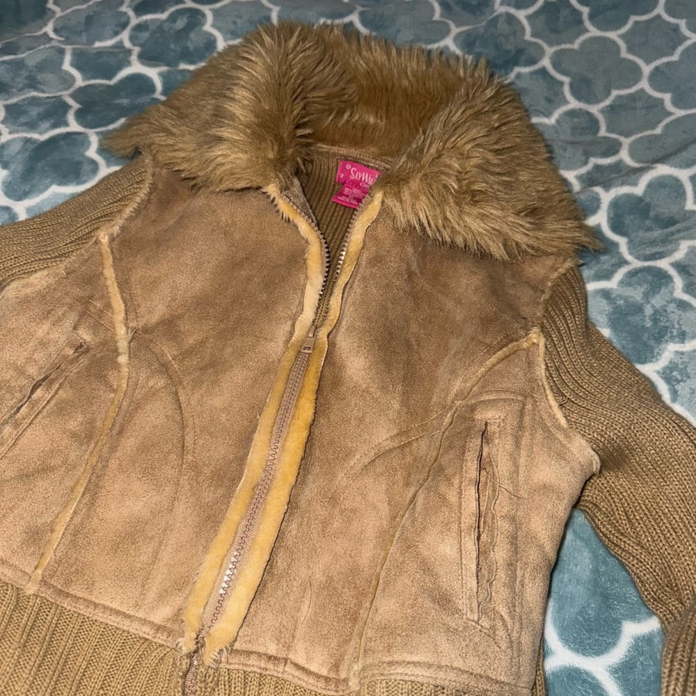Girls Brown Faux Fur Trim Jacket - Picture 2 of 5